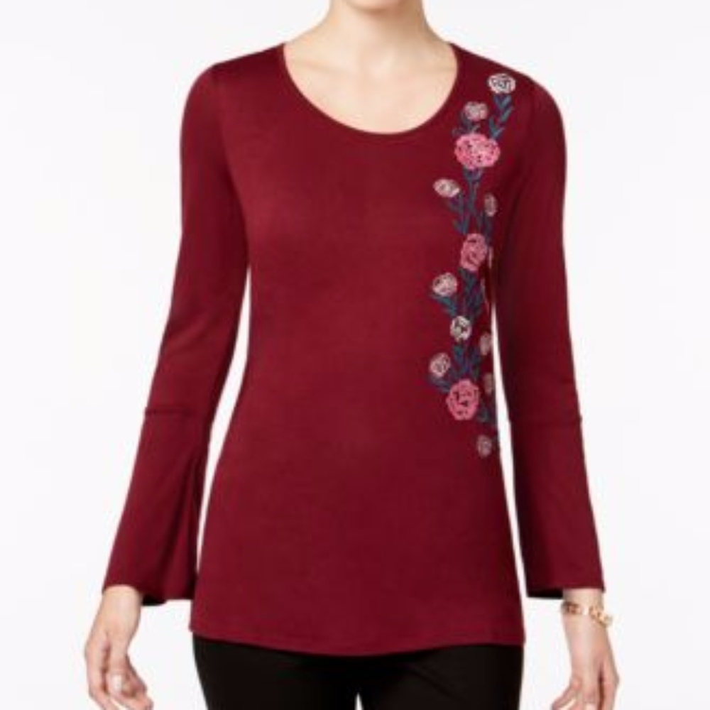 NY Collection Bell-Sleeve Embroidered Top Wine M